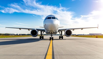 Obraz premium Commercial airplane on runway under bright sky