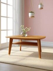 Mid Century Modern Wood Coffee Table with Lower Shelf and Natural Wood Finish