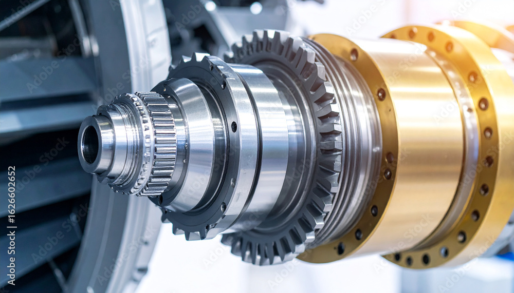 Poster precision engineering: a close-up shot of intricate machinery showcases a complex network of gears, 