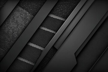 Abstract, dark gray, metallic, technological background with layered geometric shapes, textured panels, and perforated details