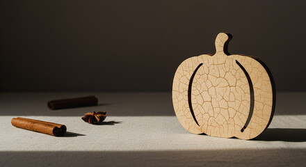 **Carved wooden pumpkin silhouette on linen with cinnamon stick in muted tones and copy space**  