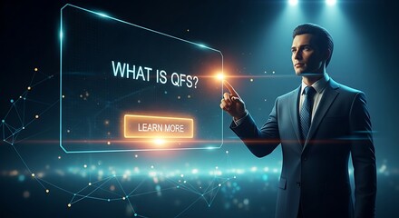QFS education concept. A professional points to a simple holographic interface asking "What is QFS?" with a "Learn More" button.