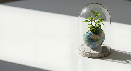 **Transparent glass dome with cracked earth model symbolizing fragility on white studio table with copy space**  
