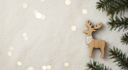 **Minimal Scandinavian wooden reindeer figurine on snowy surface with festive pine ambiance and copy space**  
