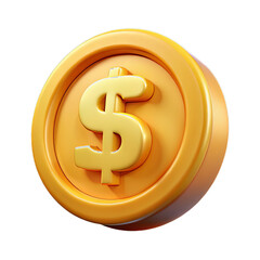 Realistic Plastic Golden Coin with Rounded Edges and Bold Dollar Symbol on Transparent Background