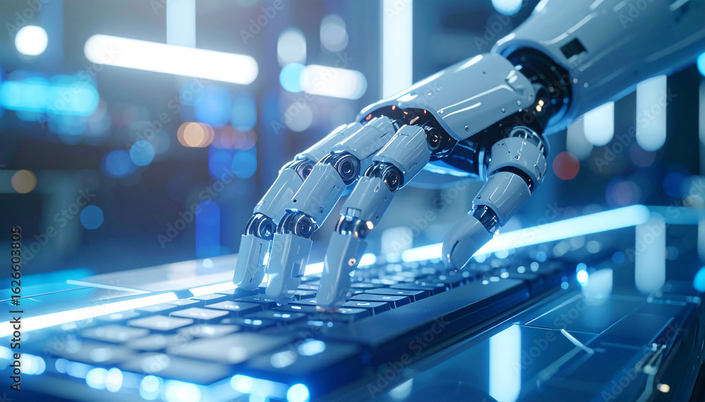 Poster mechanical ingenuity: a robotic hand deftly interacts with a keyboard, highlighting advancements in 