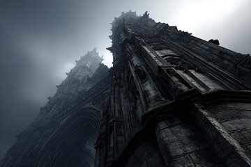 Gothic cathedral facade, shrouded in mist.  Low angle view, emphasizing architectural details