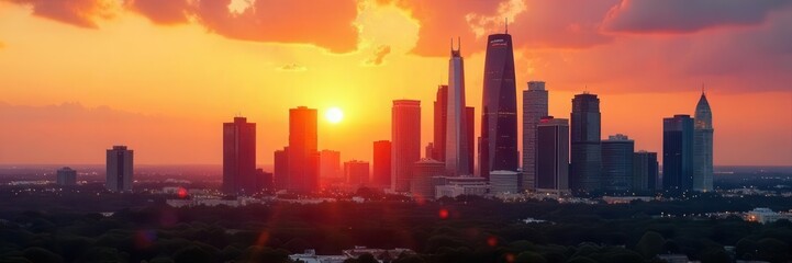 Fototapeta premium Golden hour hues paint Houston's skyscrapers, reflecting on the city's energy , texas, photo