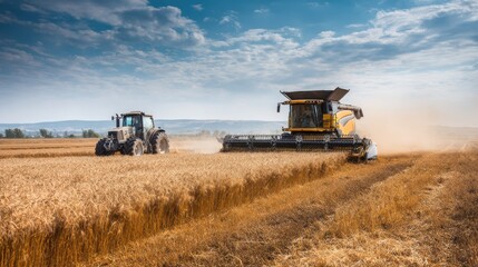 Modern agricultural machinery including a tractor and combine harvester working in a golden wheat field under a dramatic sky