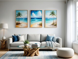 Serene Coastal Artwork Adorns Living Room Wall Above Sofa