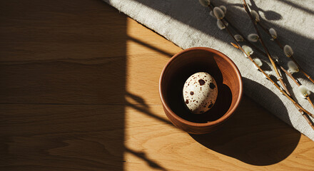 **Soft vintage illustration of speckled egg in handmade clay bowl on rustic wooden table with copy space**  