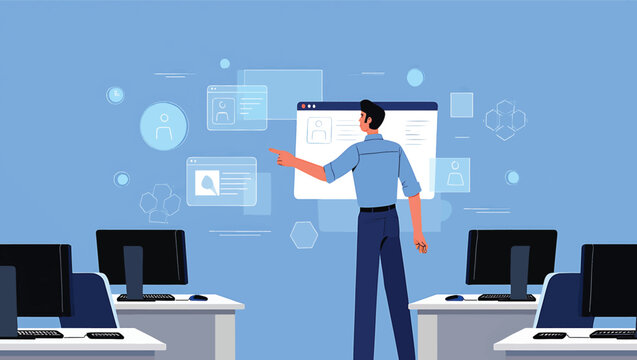 Male instructor presenting on a futuristic digital interface in a computer classroom vector