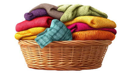 Colorful laundry basket overflowing with folded clothes