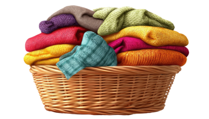 Colorful laundry basket overflowing with folded clothes