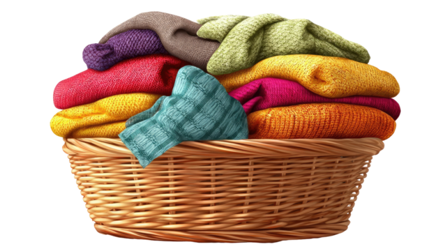 Colorful laundry basket overflowing with folded clothes