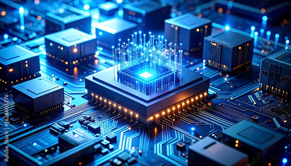 Fototapete high-tech computer circuit with central processing unit