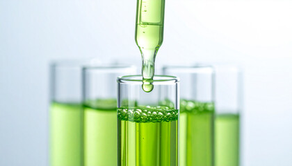 Green Liquid Experiment in the Lab: A focused laboratory scene captures the essence of scientific experimentation, with a pipette dispensing a drop of green liquid into a test tube.