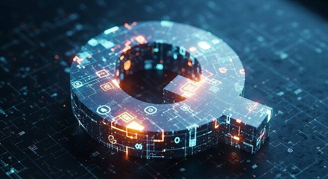 QFS 3D logo concept. A close-up of a three-dimensional, holographic "Q" symbol rotating slowly against a dark background.