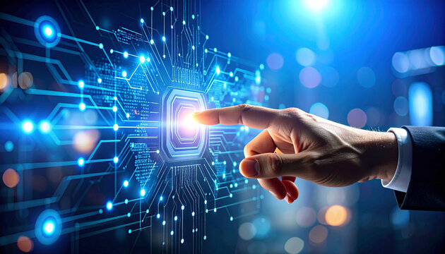 Technological touch: A futuristic hand interacting with a digital interface, glowing with vibrant circuits in a display of progress