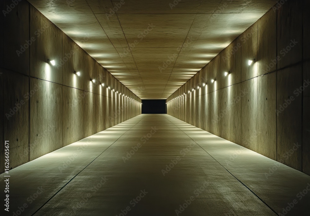 Poster dark minimalist concrete corridor with soft lighting and symmetrical design for modern architecture 