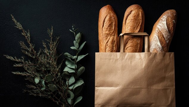 Fresh baguettes in a brown paper bag, with eucalyptus sprigs on a dark background - Powered by Adobe