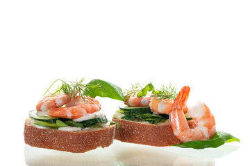 morning sandwiches with boiled shrimps on a white background