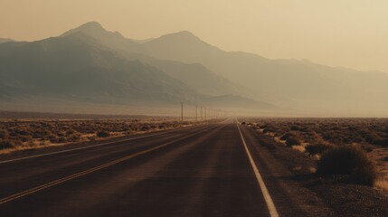 Fototapeta premium An empty asphalt road stretches into the distance with mountains fading in the misty horizon