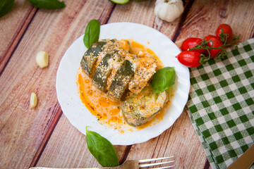 Zucchini in a sauce with sesame seeds and spicy sauce