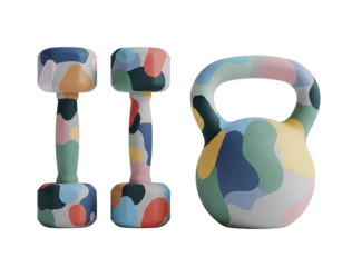 Colorful modern dumbbell and kettlebell set