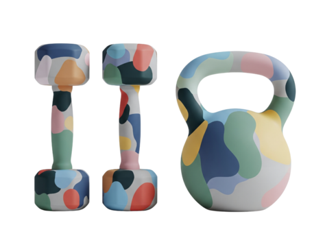 Colorful modern dumbbell and kettlebell set