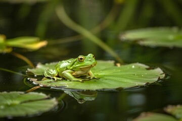 Obraz premium Green frog sitting on a lily pad in a pond in the summer season