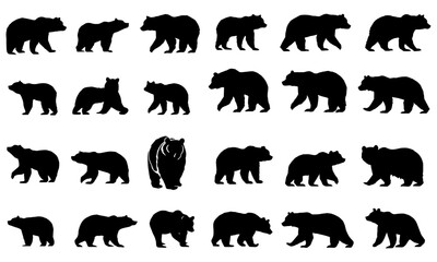 Bear silhouette collection featuring multiple postures: resting, alert, walking, sitting; perfect for wildlife, ecology, environment, zoology, nature-themed vector illustrations, animal shape
