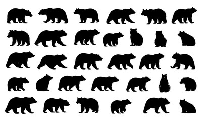 Wildlife bear silhouettes in various poses — standing, walking, sitting — ideal for nature, outdoor themes, versatile design, vector art, mammal profiles, animal shadow graphics, wilderness decor