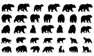 Versatile bear silhouettes showing action, stance, and movement — standing, walking, sitting — great for outdoor wildlife designs, nature ecology, mammal vector graphics, fauna biology