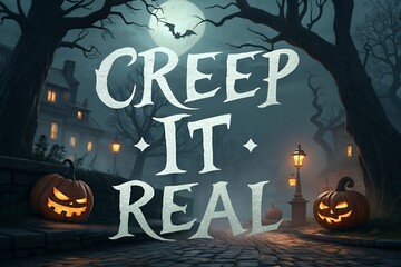 Spooky halloween night with glowing jack o lanterns and creep it real text in a haunted forest