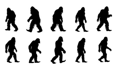 Silhouette of legendary Bigfoot creature walking — mysterious Yeti, Sasquatch enigma for folklore and cryptozoology lovers. Mythical beast shadow figure, iconic running sequence