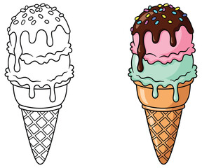 Ice Cream Cone with Chocolate Drizzle and Sprinkles Coloring Page and Full-Color Version for Kids and Dessert Lovers