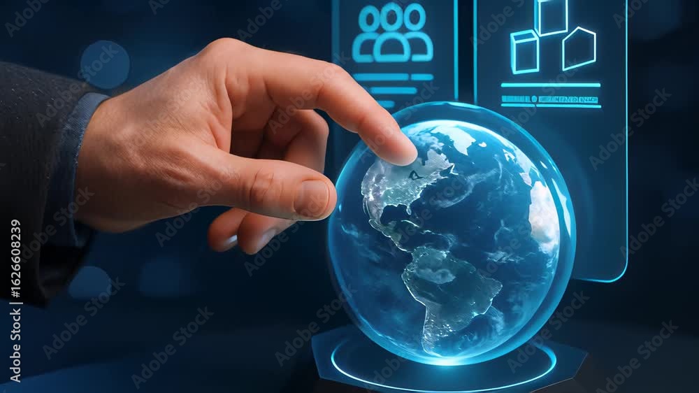 Poster closeup of a hand touching a glowing holographic globe while interacting with advanced technology in