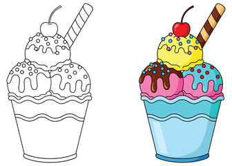 Coloring Page and Full-Color Illustration of Ice Cream Sundae with Cherry, Chocolate Topping, and Waffle Stick in a Decorative Cup