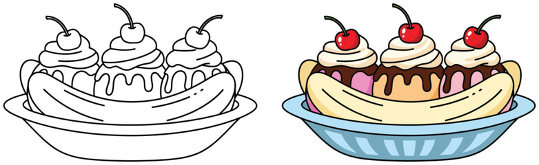 Banana Split Coloring Page with Black and White Outline and Fully Colored Version Featuring Ice Cream Scoops, Whipped Cream, and Cherries in a Bowl