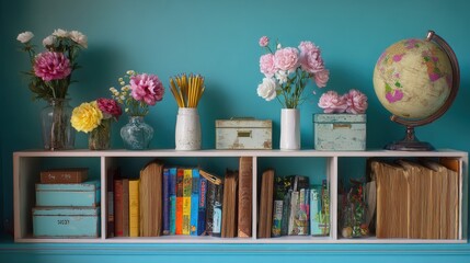 Colorful peonies and weathered boxes decorate a bookshelf full of vintage books and global decor