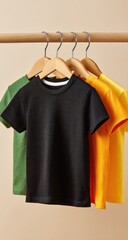 Four children's t-shirts, various colors, on wooden hangers