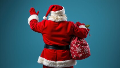 Santa claus waving goodbye with gift bag festive setting holiday spirit cheerful environment back view magic of christmas