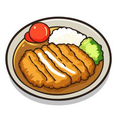 2D flat vector illustration of a Katsu Curry in icon style, isolated on white background