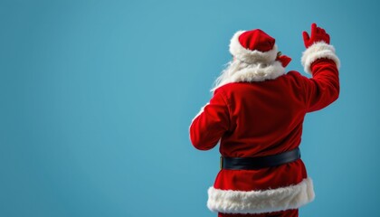 Santa waves goodbye festive season studio background cheerful vibe rear view holiday spirit