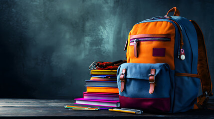 Colorful Backpack Surrounded by Stacked School Supplies on a Wooden Surface with Dramatic Lighting