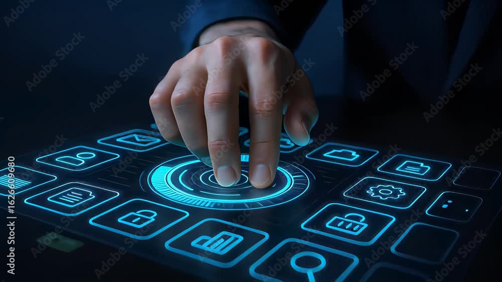 Poster interaction with glowing futuristic technology through a closeup shot of a hand manipulating an adva