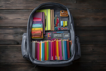 Colorful School Backpack Filled with Organized Supplies Including Pencils and Notebooks on Wooden Table