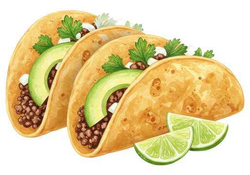 Vibrant watercolor tacos with savory ground meat creamy avocado fresh cilantro and zesty lime wedges.