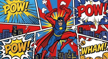 Obraz premium Dynamic comic book art depicting a powerful superhero in action with explosive sound effects
